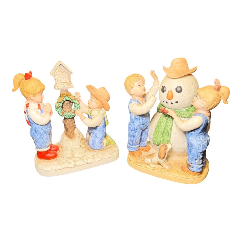 Vintage Homco Denim Days Figurine Lot of 2 Snowman and Birdhouse Christmas Decor